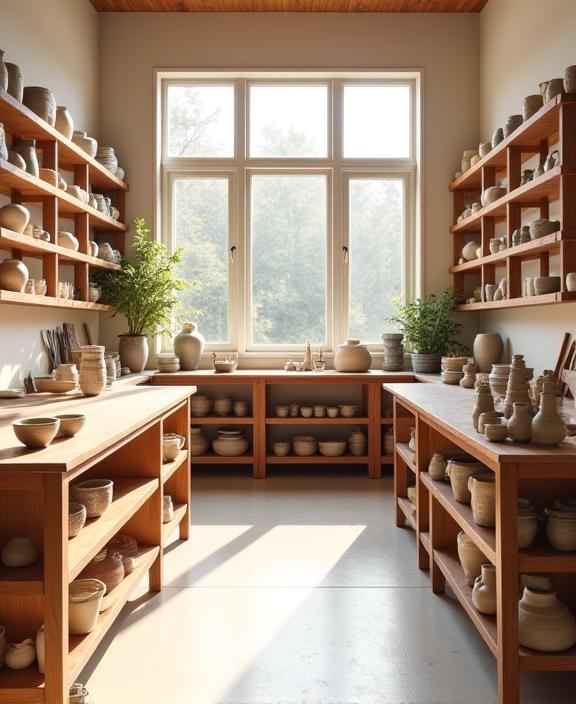 Et lyst og indbydende kig ind i Clay Blossom's værksted med hylder fyldt med keramik.