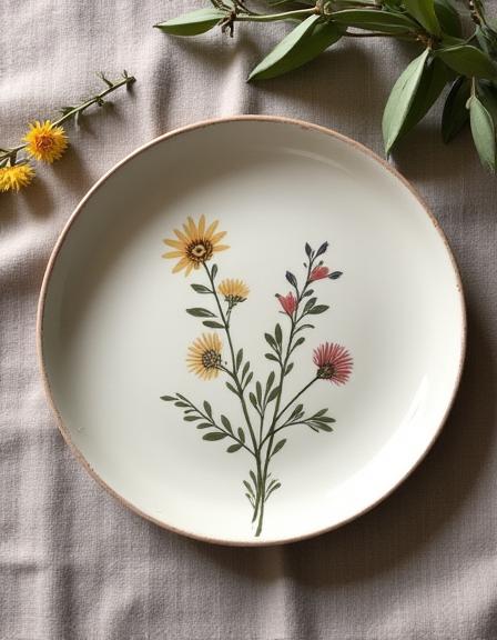 Håndmalet keramiktallerken med blomstermotiv